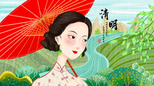 撑伞旗袍女子漫步江南景