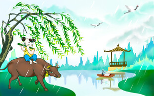 牧童骑牛赏水乡春景