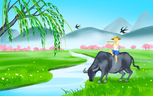 牧童骑牛行于春日田园间