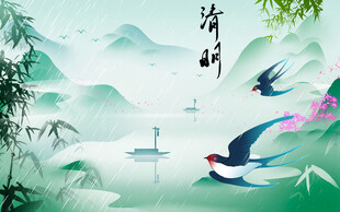 水墨山水间飞鸟悠然