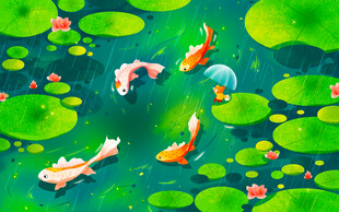 池塘中游动的多彩锦鲤