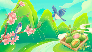 春日田园美景飞鸟与果篮