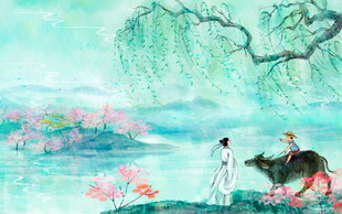 古风湖畔人与牛的诗意画面