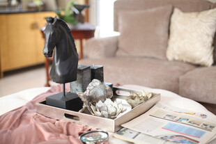 凌乱客厅中的清洁工具