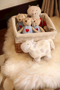 可爱毛绒玩具置于温馨篮中