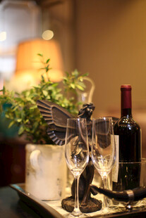 精致酒具与绿植装饰摆件