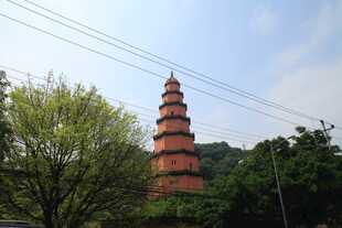 古朴宝塔立于绿树蓝天间