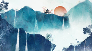 水墨山水间的孤舟落日