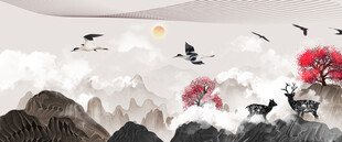 中式山水间的鹿与飞鸟
