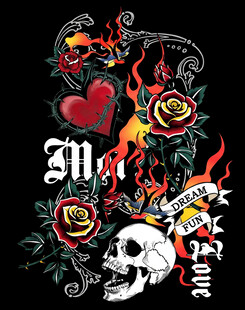 骷髅玫瑰火焰个性T恤图案