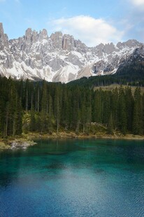 高山蓝湖旁的葱郁森林