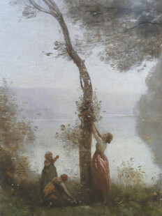 湖畔树下人物风景画作