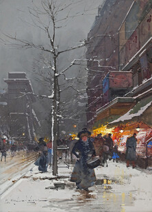 雪中老街行人撑伞赏景