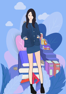 时尚女孩置身梦幻书籍场景