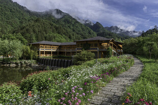 山间木屋旁的烂漫花径