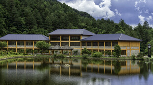 湖畔中式建筑与青山倒影