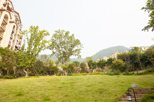 田园风古建筑旁的绿草地
