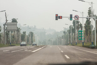 雾中城市道路交通景象