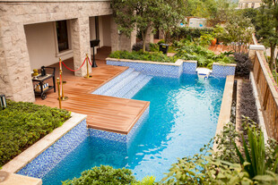 庭院中的精致蓝色游泳池