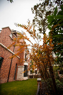 红砖建筑旁的秋日树木