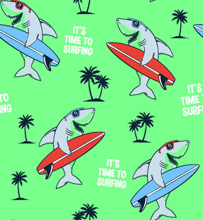 鲨鱼冲浪图案的绿色背景布料