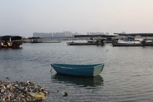 宁静港湾中的蓝色小船