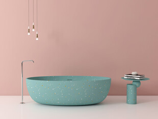 淡蓝浴缸搭配温馨粉色背景