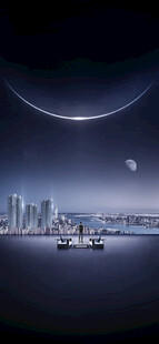 未来都市夜景与空中星球