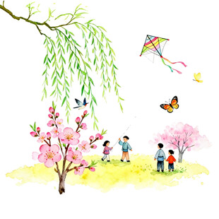 春日孩童放风筝美好图景