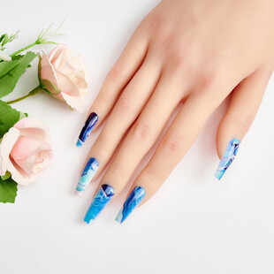 蓝色美甲搭配娇艳花朵