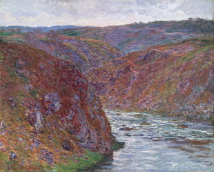 河畔山间风景油画