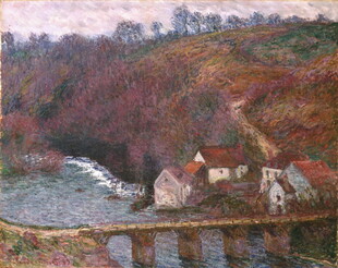 河畔村庄风景油画