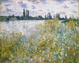 河畔繁花风景油画