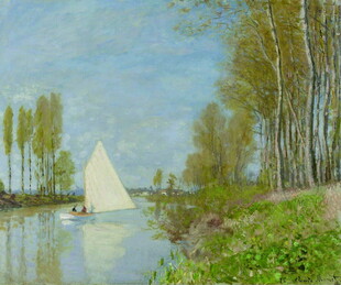 河畔帆船风景油画