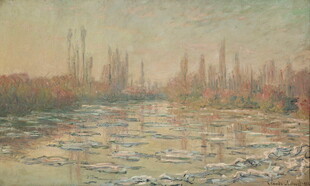 河畔朦胧风景油画