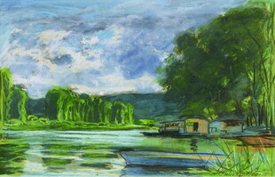 河畔风光油画美景