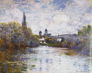 河畔小镇风景油画