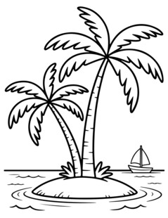 涂色热带小岛与棕榈树景观