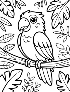 树枝上的鹦鹉黑白填色图