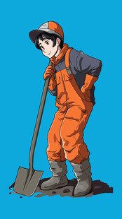 橙色工装工人持铲形象