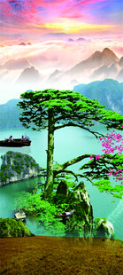 中式山水迎客松风景画