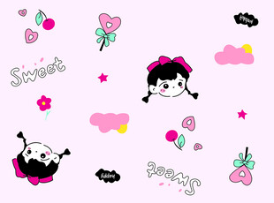 可爱卡通女孩与爱心图案