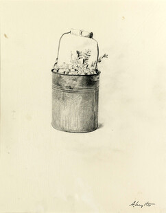 手绘金属小桶与绿植