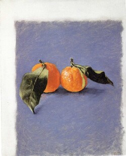 两橘带叶静物画