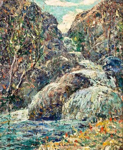 山间溪流风景油画