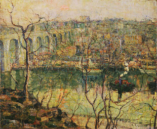 河畔城市风景绘画作品