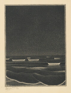 海边夜景木刻版画