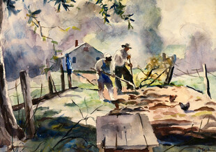 乡村劳作场景水彩画
