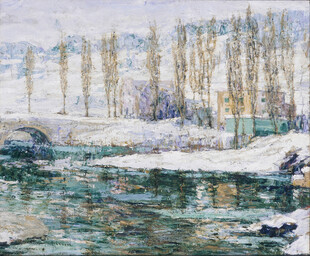 冬日河畔雪景油画