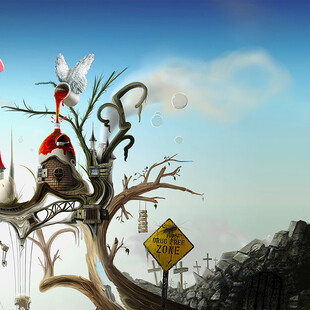 奇幻枯树旁的多彩鸟儿